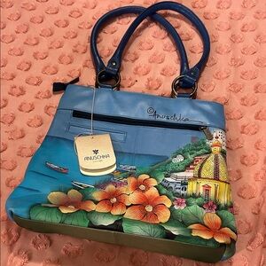 Anuschka Vibrant Blue and Green Hand-Painted Shoulder Bag